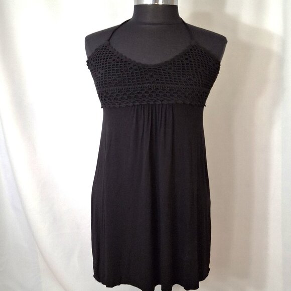 Crochet Halter Mini Sundress Black Beachy Slimming Empire Gathered Bodice Med - Picture 2 of 11